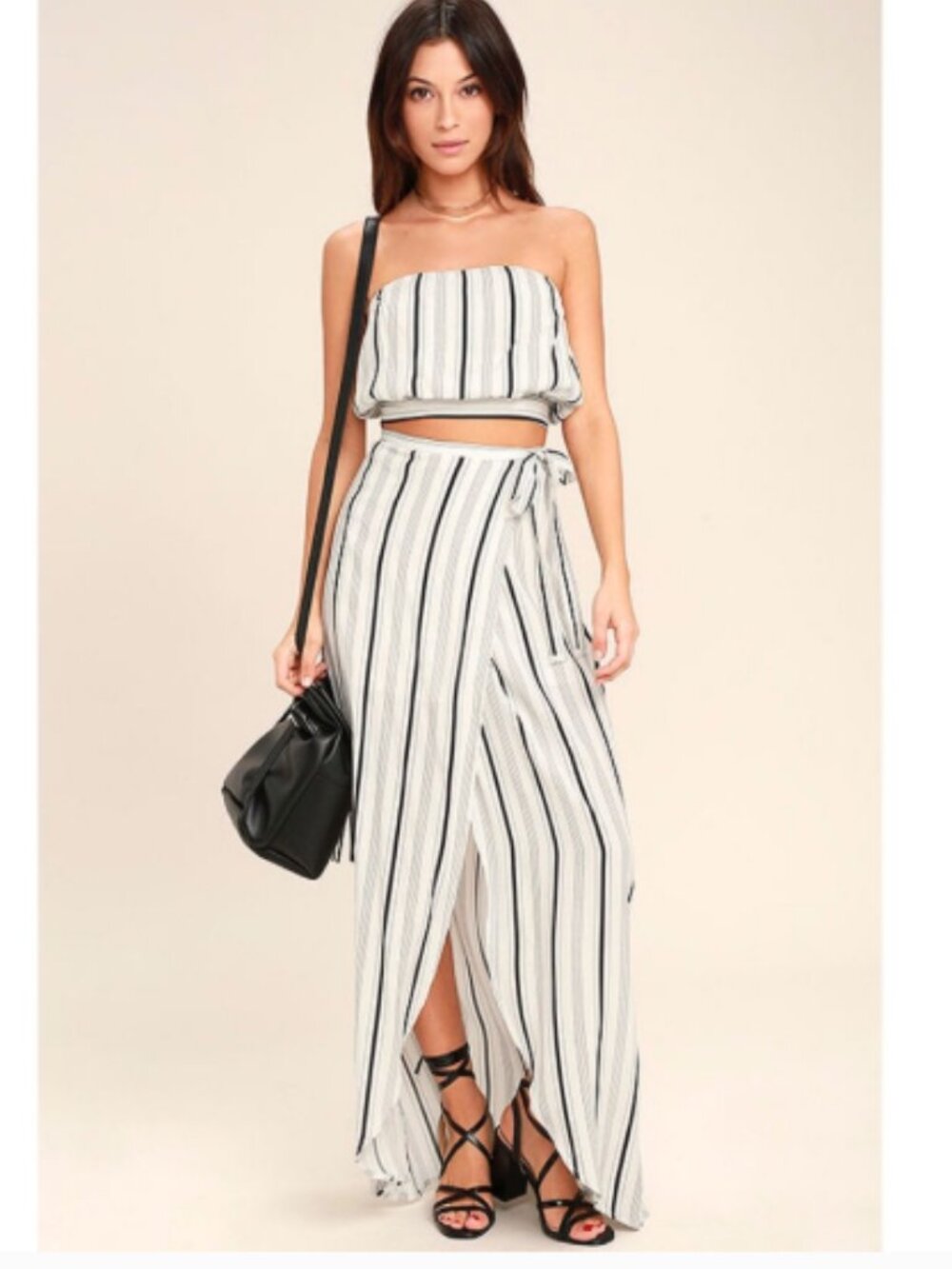 Lulu's Black/White Striped Wrap Skirt & Crop top - Size Large